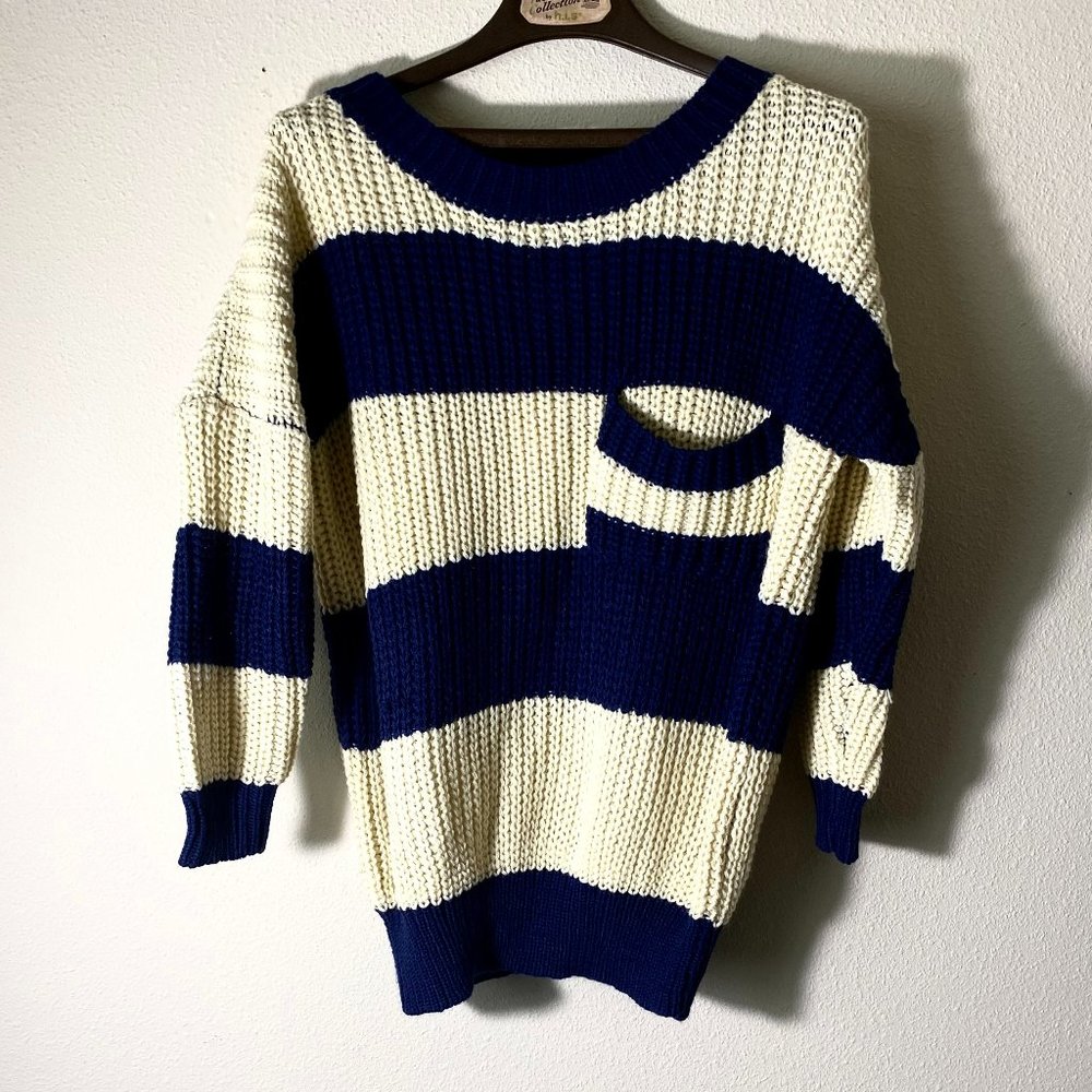 HOLD TIDE LADIES KNIT PULLOVER SWEATER MED COTTON BLEND BLUE/CREAM. NEW WITH TAG